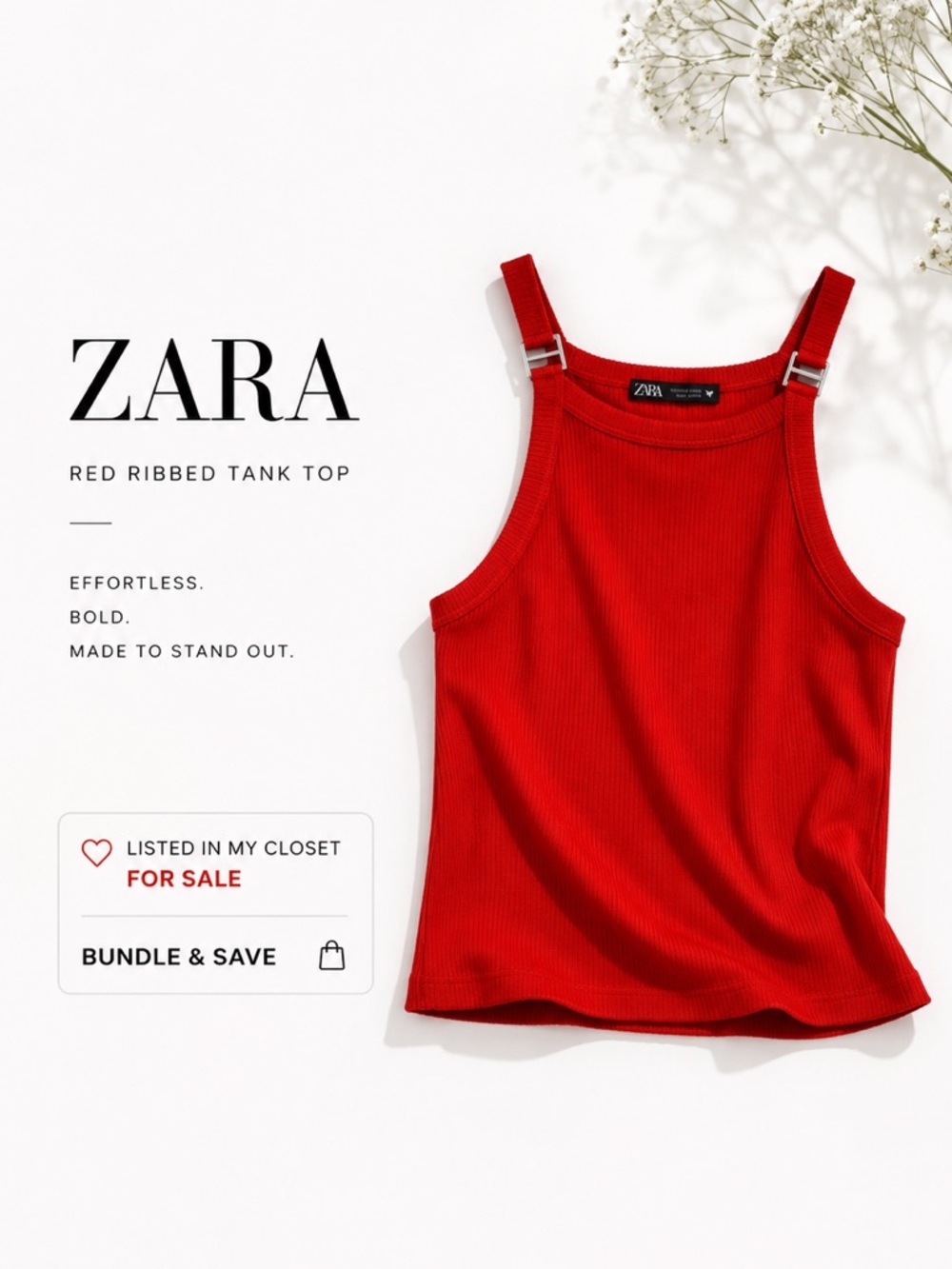 ❤️ Zara Red Ribbed Tank Top | Adjustable Strap HardWare Detail | Size S ❤️